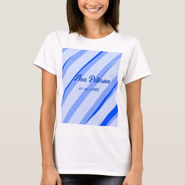 Blå pastell lägg till namn datum boho retro linjer t shirt (Framsida)