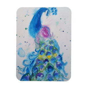 Blå Peacock Bird Älskare Watercolor Art Magnet