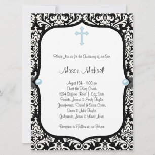 Blå Pearl Kor Blue Black Damask Christing Inbjudningar