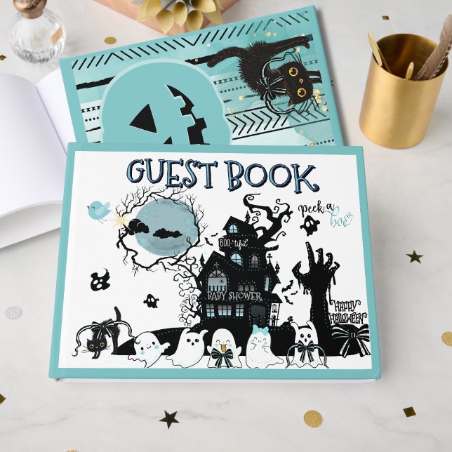 Blå Peek a Boo Halloween-barnkalas  Gästböcker (Blue Peek a Boo Halloween Baby Shower Guest Book)