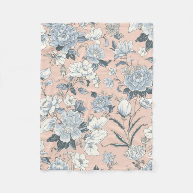 Blå Peonies Persika Botanisk Vintage Blommig Fleecefilt (Framsidan)