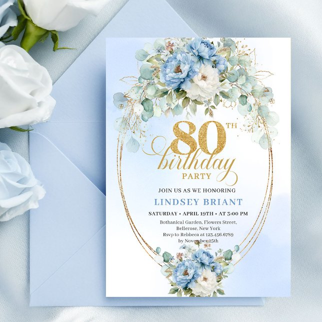 Blå Peonior Eukalyptus Grönska Guld 80-års Inbjuda Inbjudningar (Blue Peonies Eucalyptus Greenery Gold 80th Invite)