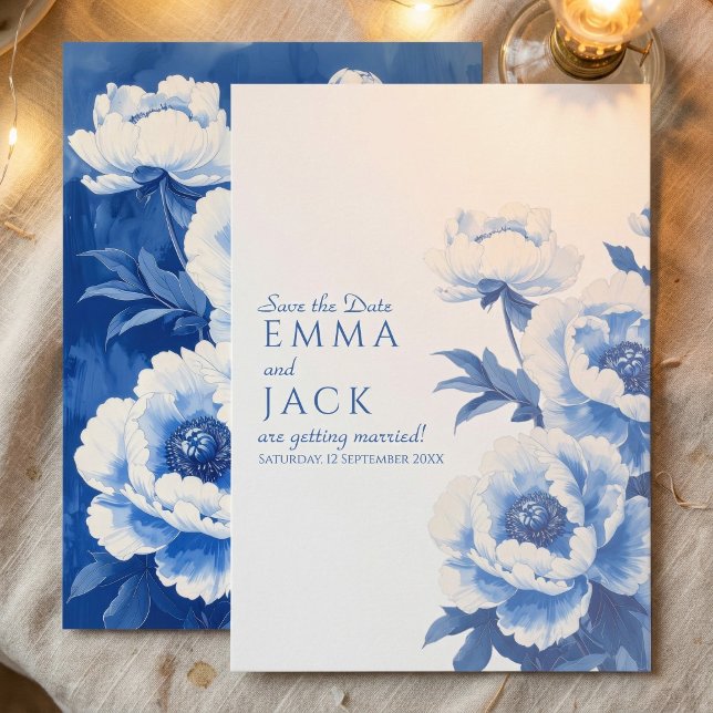 Blå Peony Blommig Spara Datum Bröllopsinbjudan Datumet (Blue Peony Floral Save the Date Wedding Invitation)