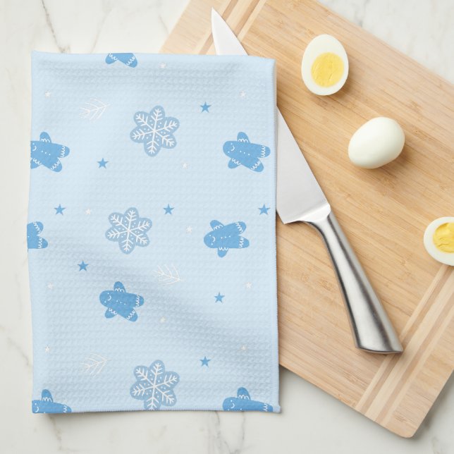 Blå Pepparkaksgubben Snöflingor jul Mönster Kökshandduk (Vikt i Fjärdedel)