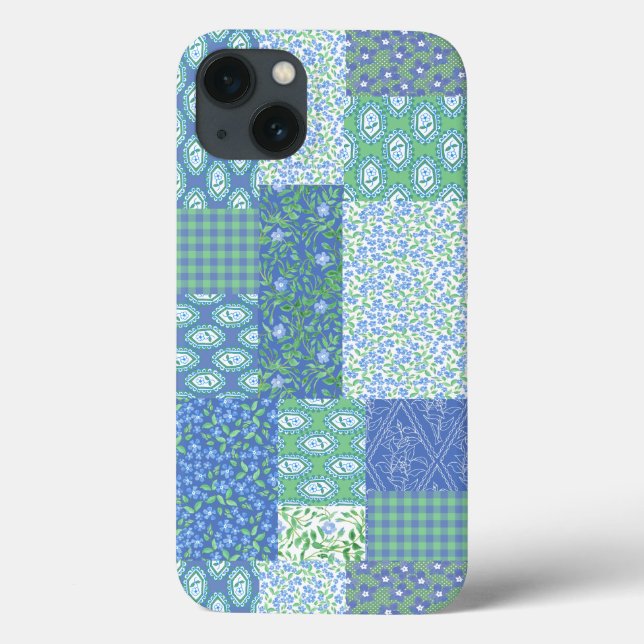Blå Periwinkle Blommig Boho Fals Lappteknik Mönste (Baksida)