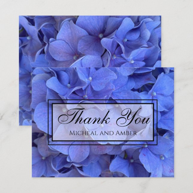 Blå periwinkle eleganta blommande hortensior tack kort (Fram/baksida)