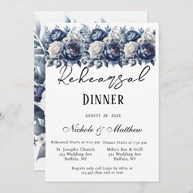 Blå persienner och Vit ros Rehearsal Dinner Inbjudningar (Fram/baksida)