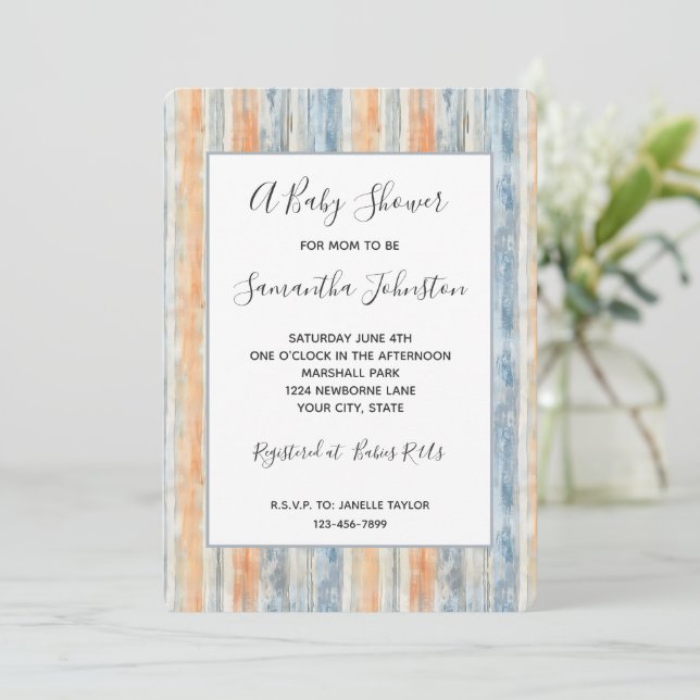 Blå Persika Crème Randig Baby Shower Inbjudningar (Stående Fram)