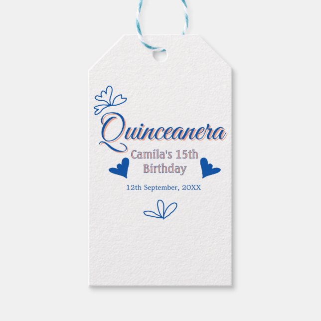 Blå persika quinceanera 15-årsdag Rustic mexica Presentetikett (Framsidan)