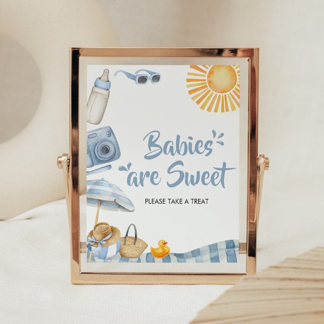 Blå persiko-babybabyskor Spädbarn är sötad Poster (Boy Splish Splash Baby Shower Babies are Sweet Sign)