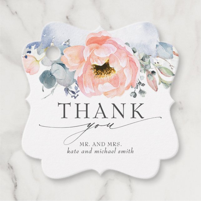 Blå persikoblommor, blått Bröllop, Tack Gåvor Etiketter (Framsida)