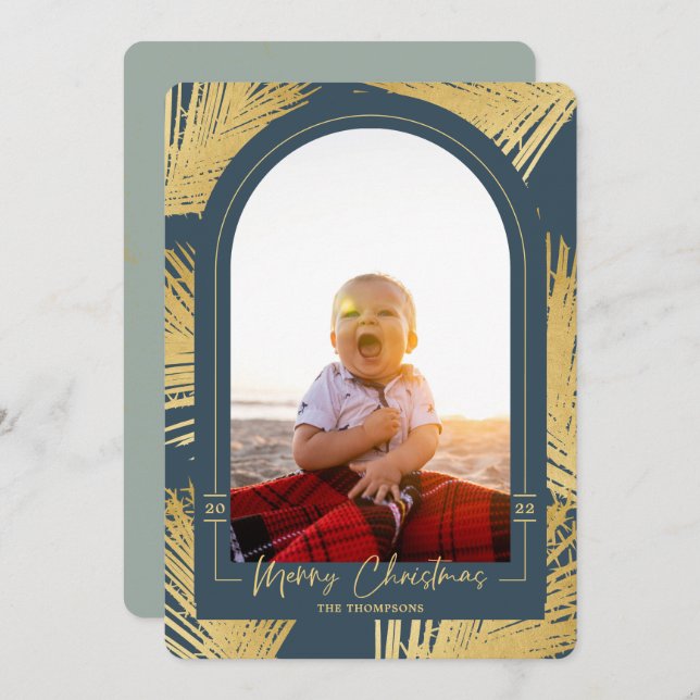 Blå persikofoto god jul Guld Handflatan Julkort (Fram/baksida)