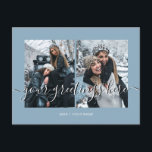 Blå Personlig 2 foton Universal Hälsning Vykort<br><div class="desc">Personligens dammiga,  ljusblå 2 bästa vänner,  bröllop eller familjefotografier Universalkort för Hälsning med snyggt fotokollage med 2 anpassade bilder,  ditt hälsning-meddelande i handskrivet typsnitt för elegant,  ditt namn,  datum,  år,  meddelande på baksidan i ett modernt och enkelt sans serif-typsnitt.</div>