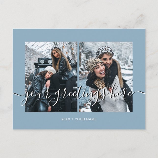 Blå Personlig 2 foton Universal Hälsning Vykort (Framsida)