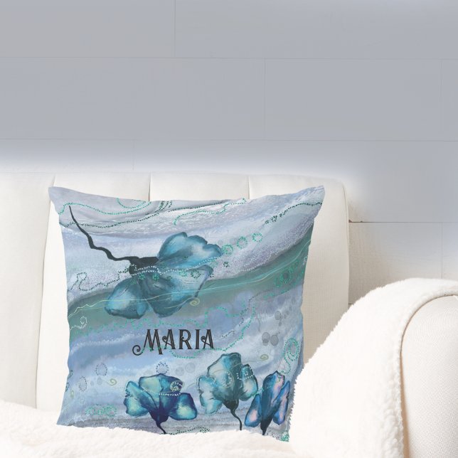Blå Personlig, kulfyllning Kudde (Blue Personalized Marble Flower Pillow)
