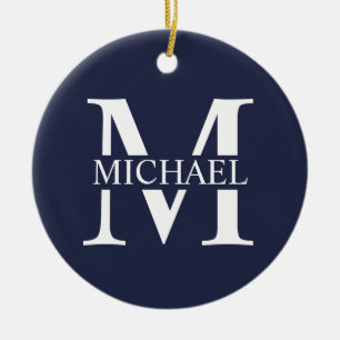 Blå Personlig Monogram och Namn Julgransprydnad Keramik