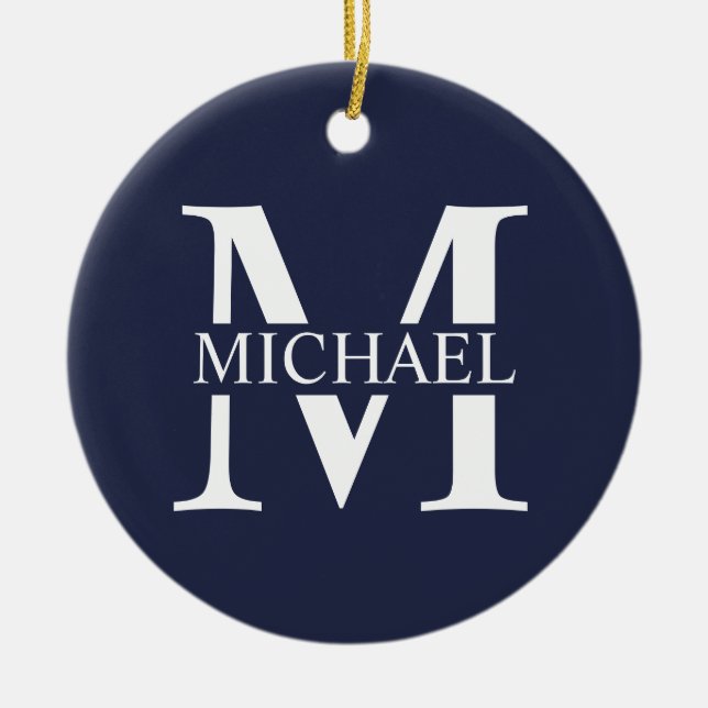 Blå Personlig Monogram och Namn Julgransprydnad Keramik (Framsidan)