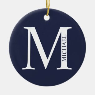 Blå Personlig Monogram och Namn Julgransprydnad Keramik