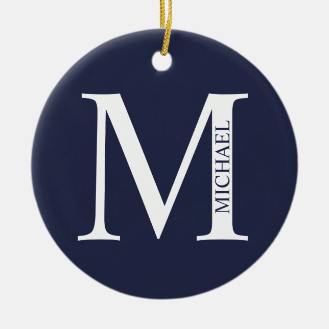 Blå Personlig Monogram och Namn Julgransprydnad Keramik (Framsidan)