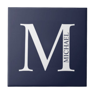 Blå Personlig Monogram och Namn Kakelplatta
