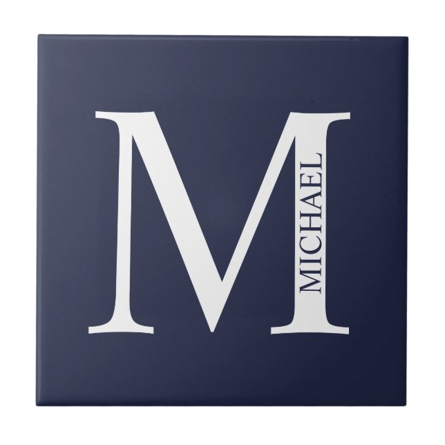 Blå Personlig Monogram och Namn Kakelplatta (Framsidan)