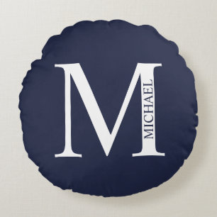 Blå Personlig Monogram och Namn Rund Kudde