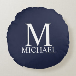 Blå Personlig Monogram och Namn Rund Kudde