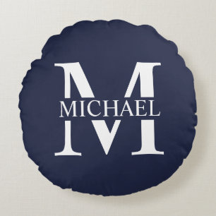 Blå Personlig Monogram och Namn Rund Kudde