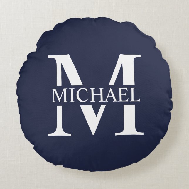 Blå Personlig Monogram och Namn Rund Kudde (Framsidan)