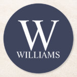 Blå Personlig Monogram och Namn Underlägg Papper Rund<br><div class="desc">Personlig Monogram och Namn Gift har personlig monogram och namn i vitt klassiskt serif-teckensnitt stil på marin blå bakgrund. Perfekt för helgdag,  familjeåterförening och vid särskilda tillfällen.</div>