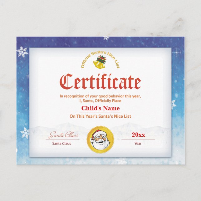 Blå Personlig Santa's Nice List Certificate Vykort (Framsida)