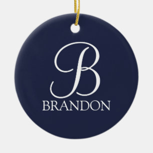 Blå Personlig-skript, Monogram och Namn Julgransprydnad Keramik