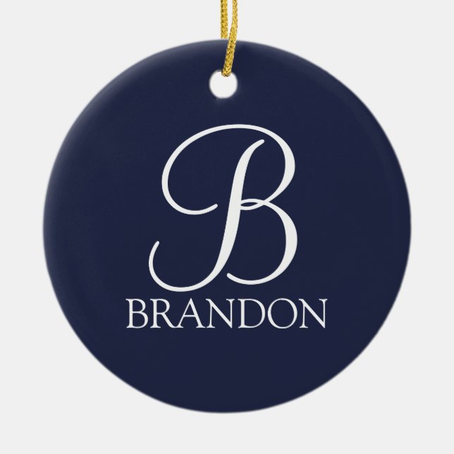 Blå Personlig-skript, Monogram och Namn Julgransprydnad Keramik (Framsidan)