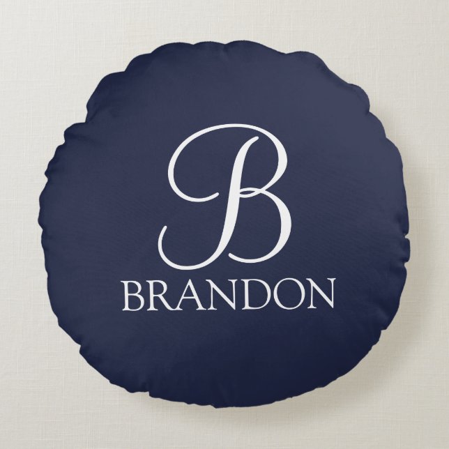 Blå Personlig-skript, Monogram och Namn Rund Kudde (Framsidan)