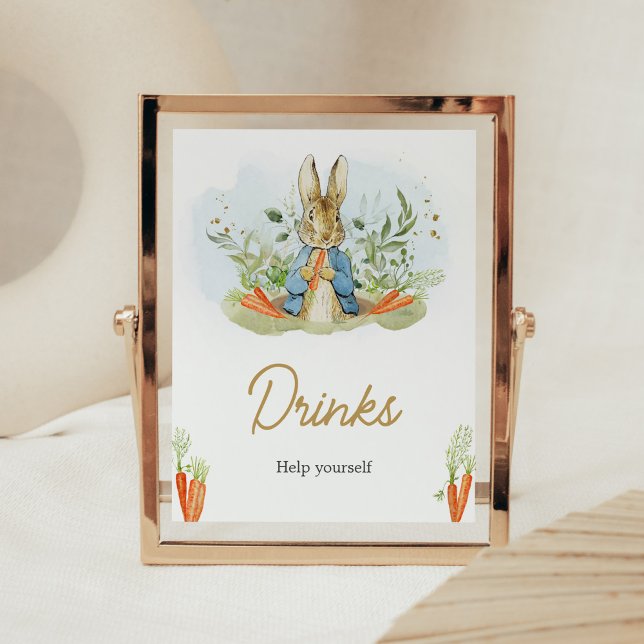 Blå Peter Rabbit Baby Shower Drinks Poster (Rustic Boy Peter Rabbit Baby Shower Drinks Sign)