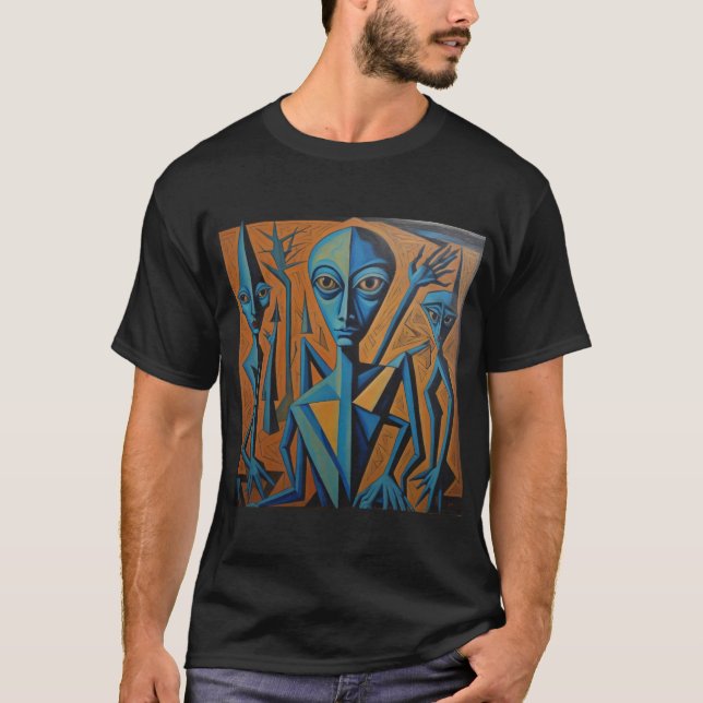 Blå Picasso utomjording konst T Shirt (Framsida)