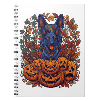 Blå Pitbull Halloween-pumpor Höstlöv Fladdermöss Anteckningsbok