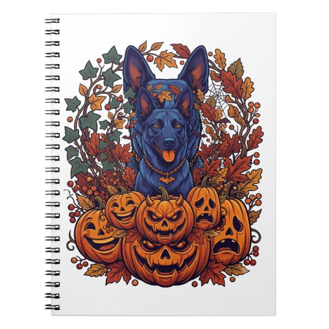Blå Pitbull Halloween-pumpor Höstlöv Fladdermöss Anteckningsbok (Framsidan)