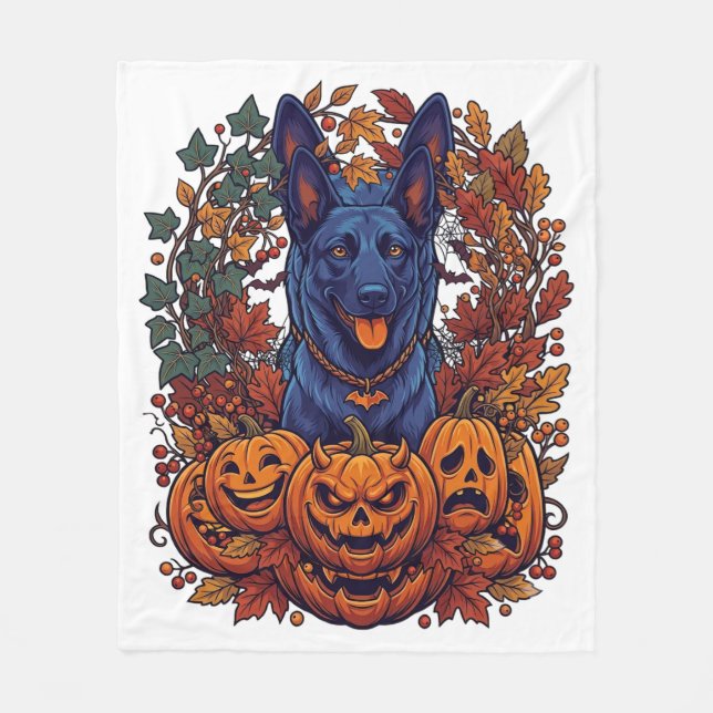 Blå Pitbull Halloween-pumpor Höstlöv Fladdermöss Fleecefilt (Framsidan)
