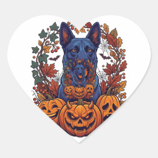 Blå Pitbull Halloween-pumpor Höstlöv Fladdermöss Hjärtformat Klistermärke