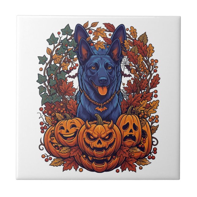Blå Pitbull Halloween-pumpor Höstlöv Fladdermöss Kakelplatta (Framsidan)