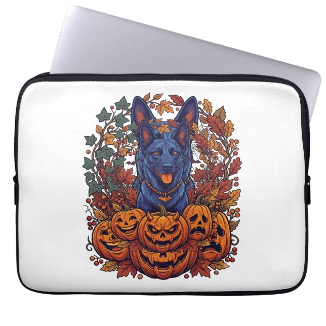 Blå Pitbull Halloween-pumpor Höstlöv Fladdermöss Laptop Fodral (Framsidan)