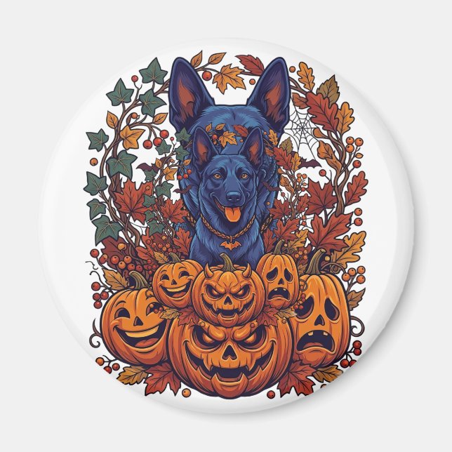 Blå Pitbull Halloween-pumpor Höstlöv Fladdermöss Magnet (Framsidan)