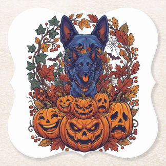 Blå Pitbull Halloween-pumpor Höstlöv Fladdermöss Underlägg Papper