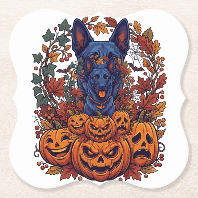 Blå Pitbull Halloween-pumpor Höstlöv Fladdermöss Underlägg Papper (Framsida)