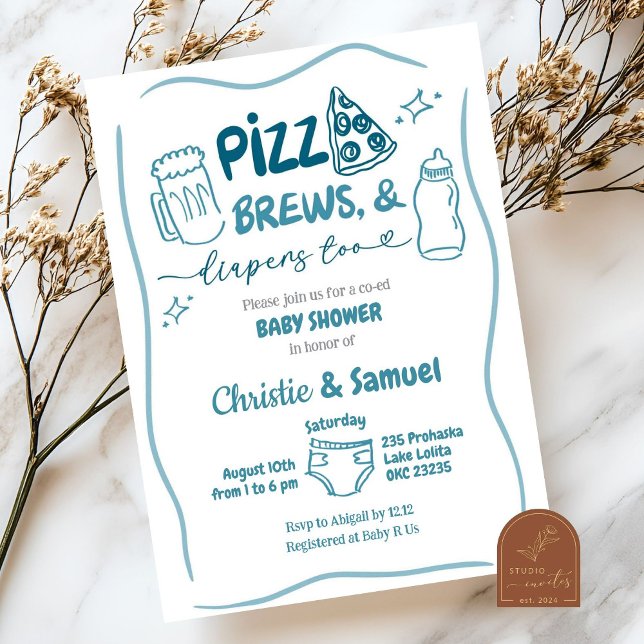 Blå Pizza, Öl och Blöjor Samkönad Baby Shower Inbjudningar (Skapare uppladdad)