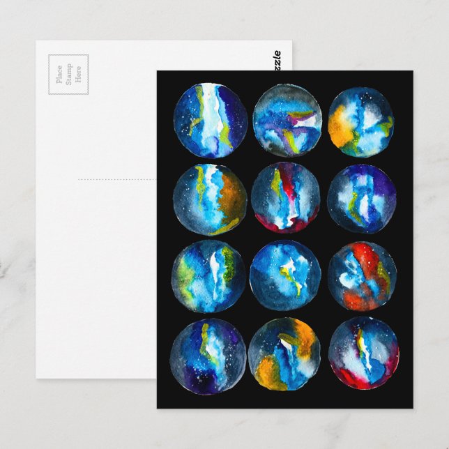 Blå planet nebulosa galax akvarell vykort (Fram/baksida)