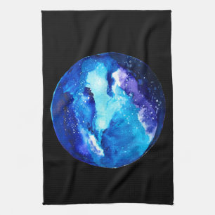 Blå planetens nebula galaxa vattenfärg kökshandduk