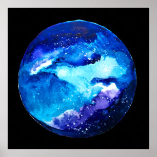 Blå planetens nebula galaxa vattenfärg poster