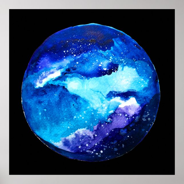 Blå planetens nebula galaxa vattenfärg poster (Framsidan)